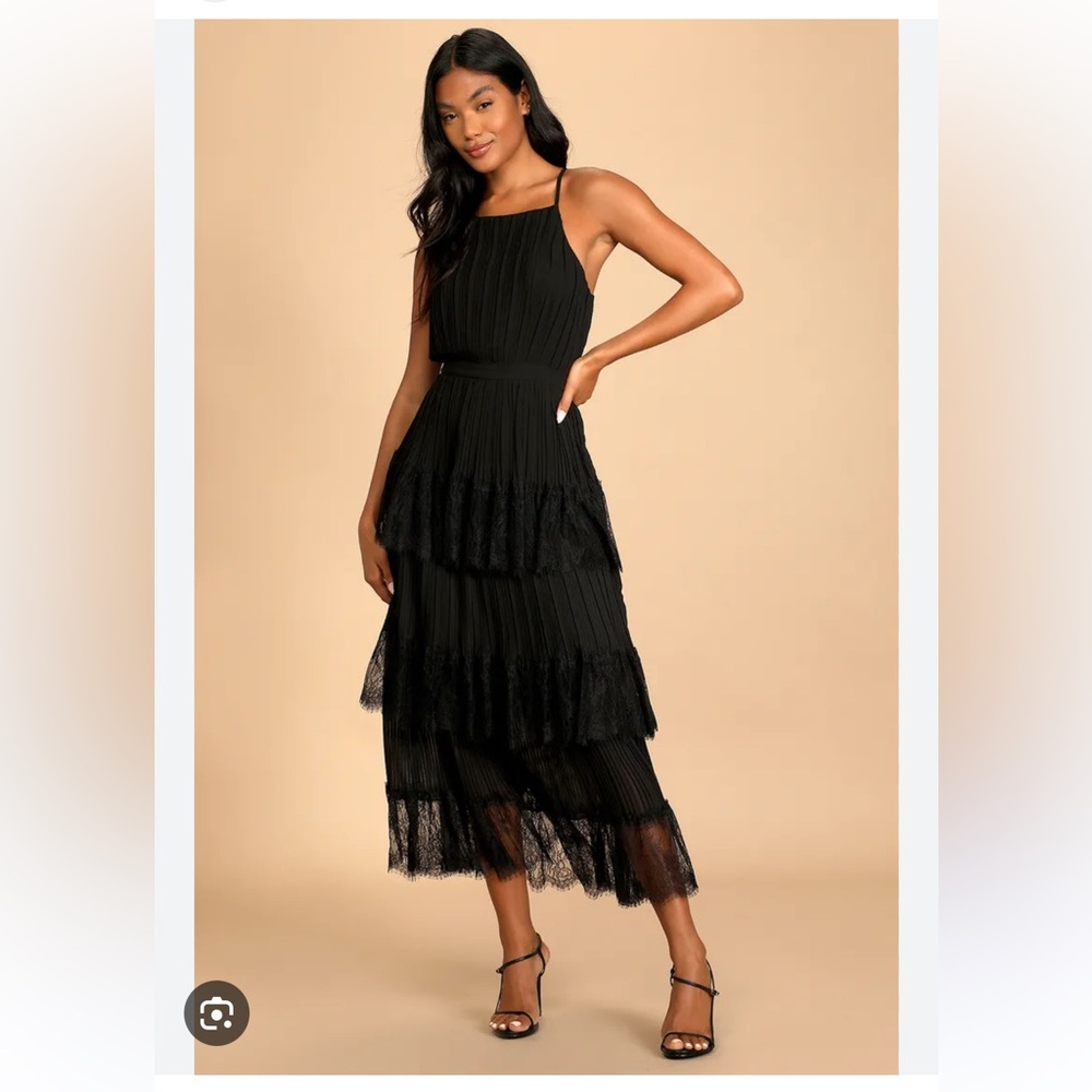 Came For Cocktails Black Pleated Tiered Lace Maxi Dress